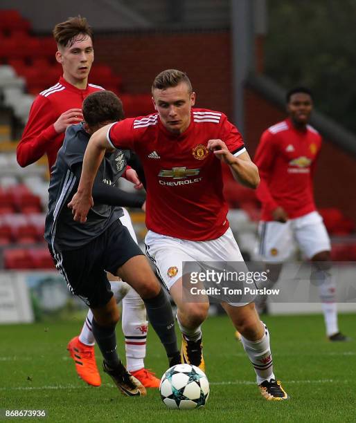 Ethan Hamilton of Manchester United in action during the UEFA Youth League match between Manchester United and SL Benfica at Leigh Sports Village on...