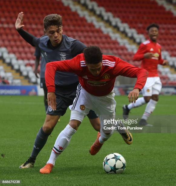 Nishan Burkart of Manchester United in action during the UEFA Youth League match between Manchester United and SL Benfica at Leigh Sports Village on...