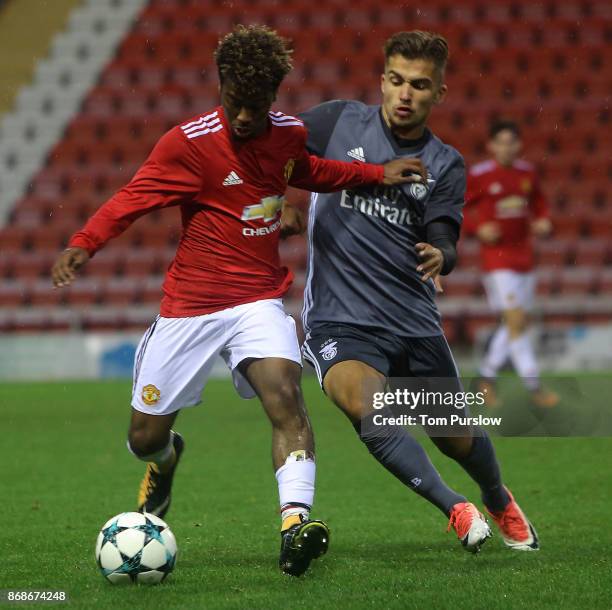 Angel Gomes of Manchester United in action during the UEFA Youth League match between Manchester United and SL Benfica at Leigh Sports Village on...