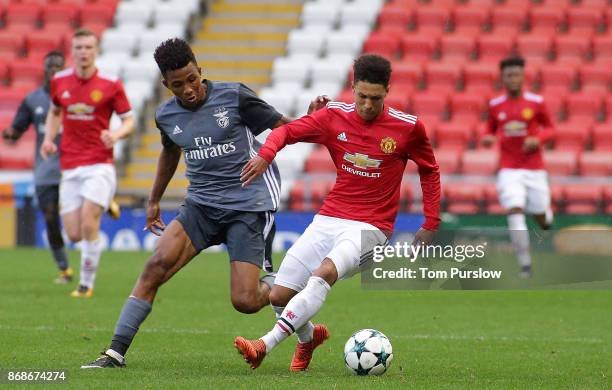 Nishan Burkart of Manchester United in action during the UEFA Youth League match between Manchester United and SL Benfica at Leigh Sports Village on...