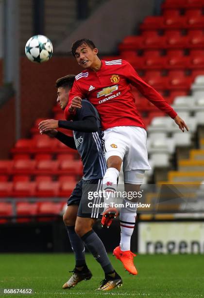 Tom Sang of Manchester United in action during the UEFA Youth League match between Manchester United and SL Benfica at Leigh Sports Village on...