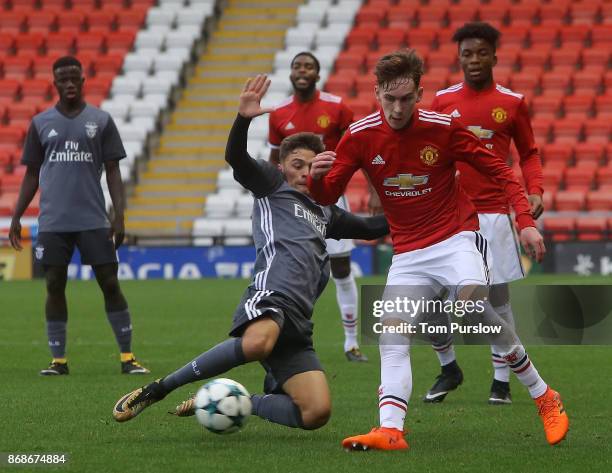 James Garner of Manchester United in action during the UEFA Youth League match between Manchester United and SL Benfica at Leigh Sports Village on...