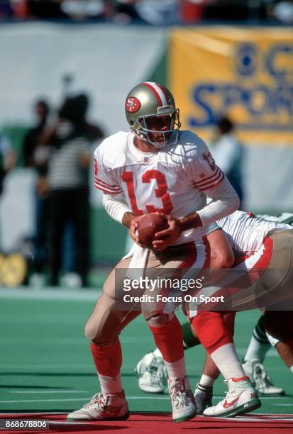 Steve Bono of the San Francisco 49ers in action against the New York Jets during an NFL football game September 20, 1992 at Giants Stadium in East...
