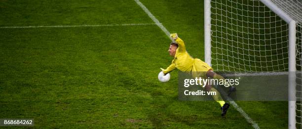 goalie defending goal - defesa jogador de futebol imagens e fotografias de stock