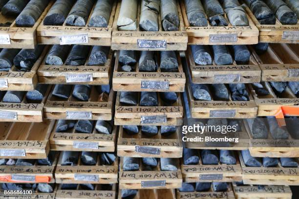 Core samples sit on trays for processing at the First Cobalt Corp. Facility outside of Cobalt, Ontario, Canada, on Thursday, Oct. 12, 2017. Global...