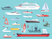 Big set of sea boats and little fishing ships. Sailboats flat vector icons