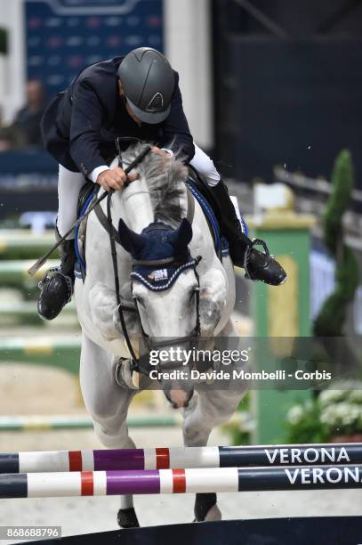 Roberto Arioldi of Italy, riding Dundee v.h Marienshof, during the Longines FEI World Cup presented CSI5 by FRANCO TUCCI on October 28, 2017 in...