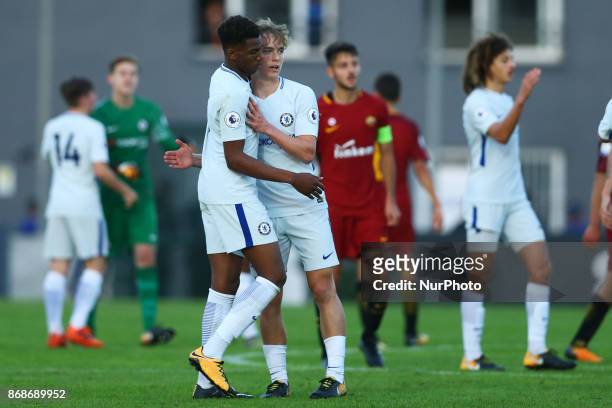 Chelsea players celebrating the victory 2-1 after the UEFA Youth League match between AS Roma and Chelsea FC at Stadio Tre Fontane on October 31,...