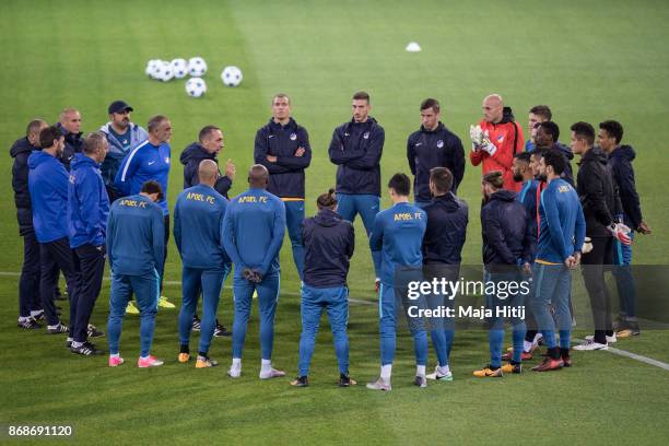Georgios Donis, head coach of Nicosia speaks to the team during the training prior the UEFA Champions League group H match between Borussia Dortmund...