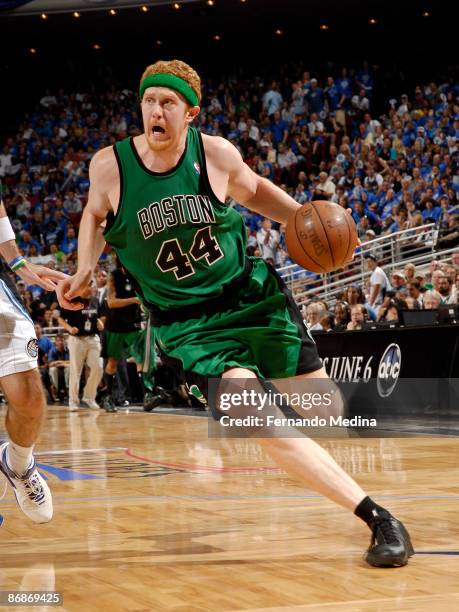 Brian Scalabrine of the Boston Celtics drives against the Orlando Magic in Game Three of the Eastern Conference Semifinals during the 2009 NBA...