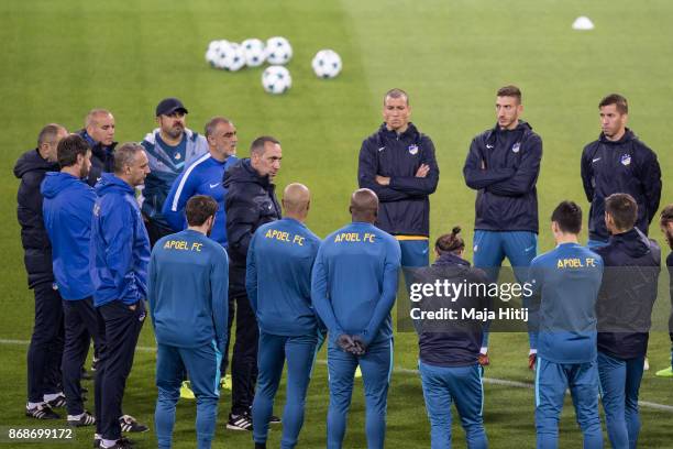 Georgios Donis, head coach of Nicosia speaks to the team during the training prior the UEFA Champions League group H match between Borussia Dortmund...