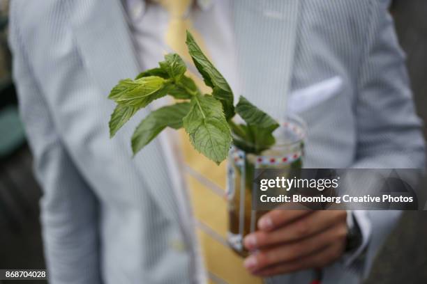 a racegoer holds a mint julep cocktail - mint julep stock-fotos und bilder