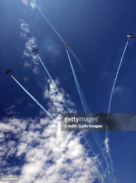 Planes perform an aerial display at the inauguration ceremony of Jacob Zuma on May 9, 2009 in Pretoria, South Africa. Jacob Gedleyihlekisa Zuma is...