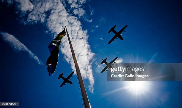 Planes perform an aerial display at the inauguration ceremony of Jacob Zuma on May 9, 2009 in Pretoria, South Africa. Jacob Gedleyihlekisa Zuma is...