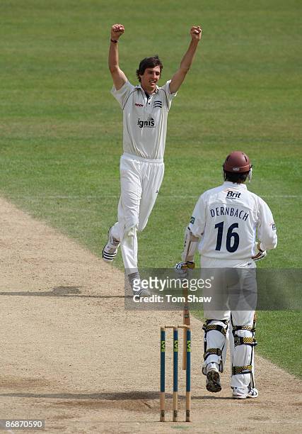 Steven Finn of Middlesex celebrates taking the wicket of Jade Dernbach of Surrey during day 4 of the LV County Championship match between Surrey and...