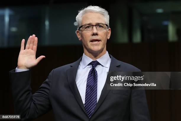 Facebook General Counsel Colin Stretch is sworn in before the Senate Judiciary Committee's Crime and Terrorism Subcommittee in the Hart Senate Office...