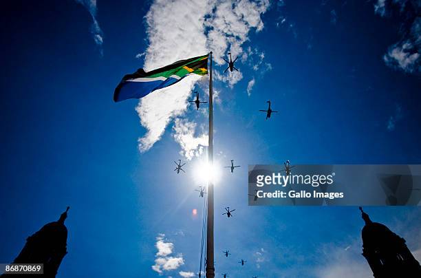 Helicopters perform an aerial display at the inauguration ceremony of Jacob Zuma on May 9, 2009 in Pretoria, South Africa. Jacob Gedleyihlekisa Zuma...