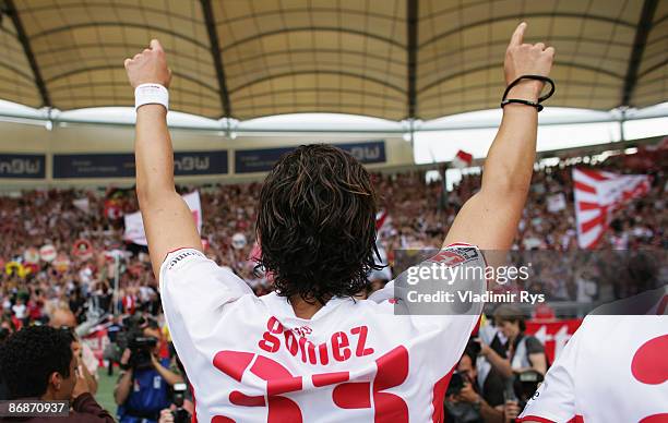 Mario Gomez of Stuttgart celebrates the 4:1 win of his team after scoring all four goals during the Bundesliga match between VfB Stuttgart and VfL...