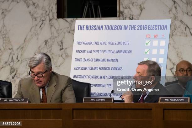 Subcommittee ranking member Sen. Sheldon Whitehouse speaks as Sen. Dick Durbin looks on during a Senate Judiciary Subcommittee on Crime and Terrorism...