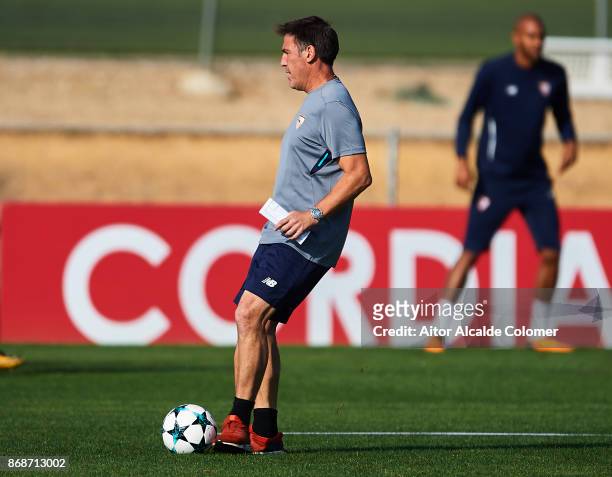 Head Coach of Sevilla FC Eduardo Berizzo in action during the Training Session of Sevilla FC prior to their UEFA Champions League match between...