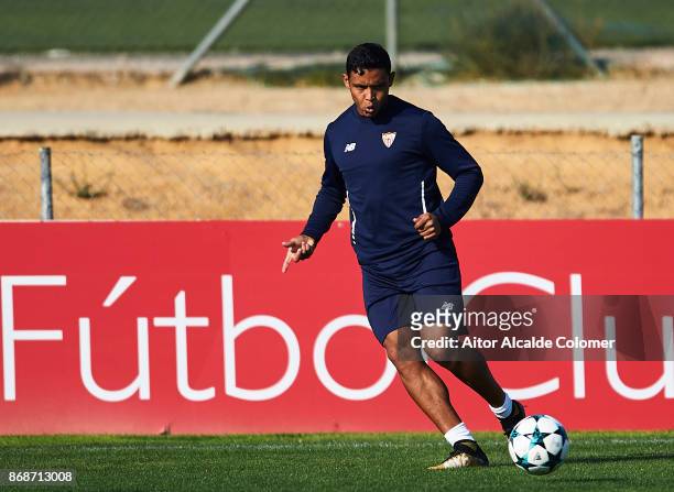 Luis Muriel of Sevilla FC in action during the Training Session of Sevilla FC prior to their UEFA Champions League match between Sevilla FC and...
