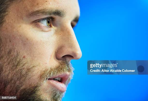 Dmitri Kombarov of Spartak Moskva attends the press conference during prior to their UEFA Champions League match between Sevilla FC and Spartak...