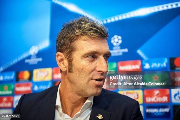 Head Coach of Spartak Moskva Massimo Carrera attends the press conference during prior to their UEFA Champions League match between Sevilla FC and...