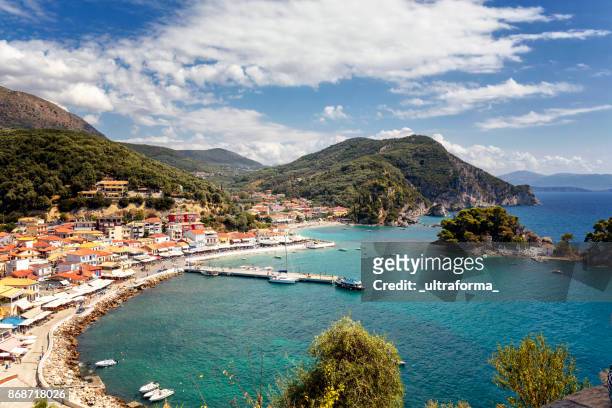 aerial view of the harbor and city of parga, epirus, greece - epirus greece stock pictures, royalty-free photos & images
