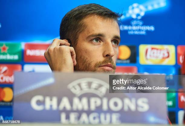 Dmitri Kombarov of Spartak Moskva attends the press conference during prior to their UEFA Champions League match between Sevilla FC and Spartak...