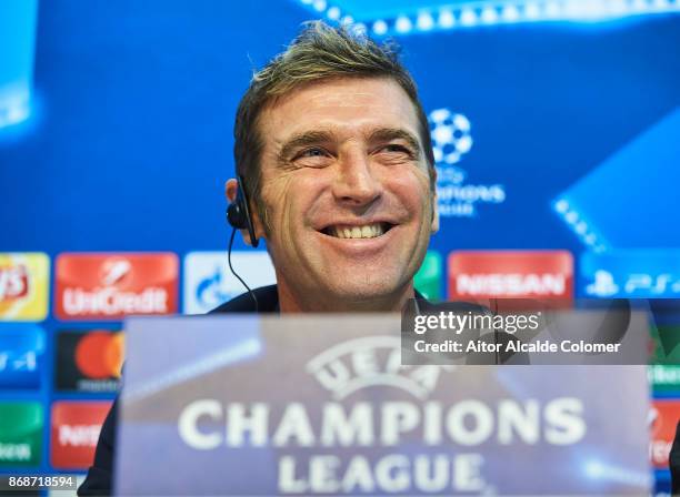 Head Coach of Spartak Moskva Massimo Carrera attends the press conference during prior to their UEFA Champions League match between Sevilla FC and...