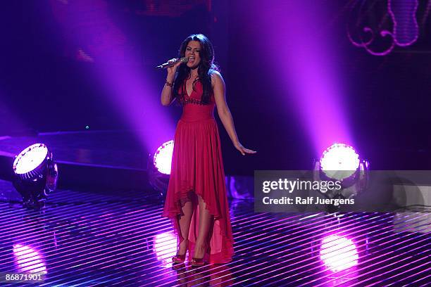 Sarah Kreuz performs her song during the rehearsal for the singer qualifying contest DSDS 'Deutschland sucht den Superstar' final show on May 09,...