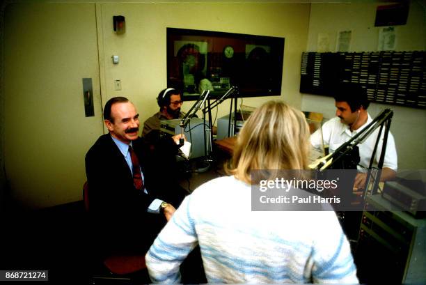 Gordon Liddy visits a television studio to be interviewed during a promotional book tour for his autobiography " Will" on June 12, 1982 in Dallas...