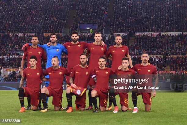 Roma's players Roma's Brazilian defender Juan Jesus, Roma's Brazilian goalkeeper Alisson, Roma's Argentinian defender Federico Fazio, Roma's Bosnian...