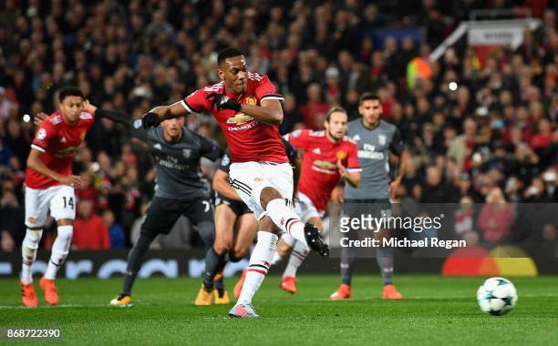 Anthony Martial of Manchester United misses a penalty opportunity during the UEFA Champions League group A match between Manchester United and SL...