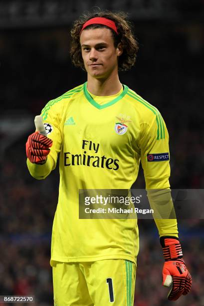 Mile Svilar of Benfica celebrates after saving a penalty shot during the UEFA Champions League group A match between Manchester United and SL Benfica...