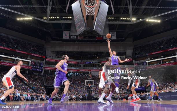 Justin Jackson of the Sacramento Kings shoots against the Washington Wizards on October 29, 2017 at Golden 1 Center in Sacramento, California. NOTE...