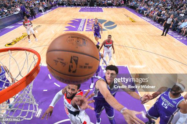 Mike Scott of the Washington Wizards puts up a shot against Justin Jackson of the Sacramento Kings on October 29, 2017 at Golden 1 Center in...