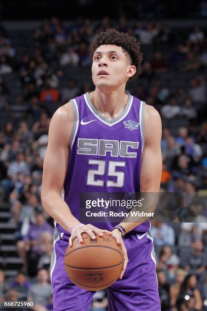 Justin Jackson of the Sacramento Kings attempts a free-throw shot against the Washington Wizards on October 29, 2017 at Golden 1 Center in...