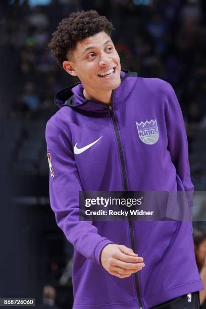 Justin Jackson of the Sacramento Kings looks on during the game against the Washington Wizards on October 29, 2017 at Golden 1 Center in Sacramento,...