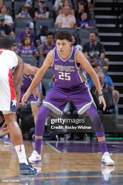 Justin Jackson of the Sacramento Kings defends against the Washington Wizards on October 29, 2017 at Golden 1 Center in Sacramento, California. NOTE...