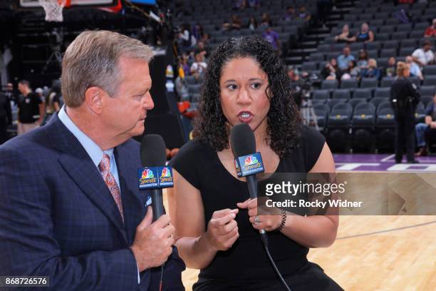 Announcer Steve Buckhantz and TV analyst Kara Lawson prior to the game between the Washington Wizards and Sacramento Kings on October 29, 2017 at...