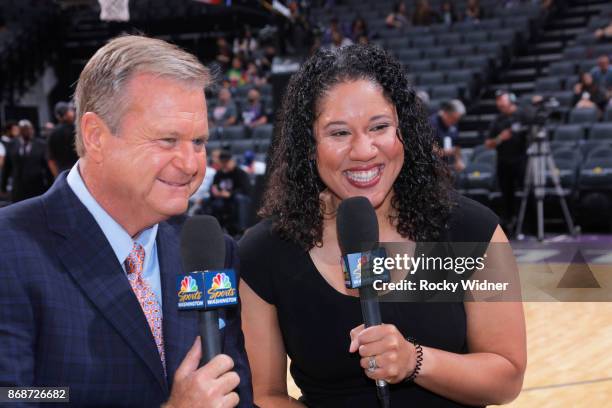 Announcer Steve Buckhantz and TV analyst Kara Lawson prior to the game between the Washington Wizards and Sacramento Kings on October 29, 2017 at...