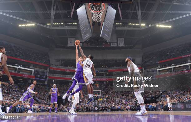 Justin Jackson of the Sacramento Kings shoots against E'Twaun Moore of the New Orleans Pelicans on October 26, 2017 at Golden 1 Center in Sacramento,...