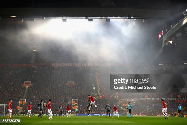 General view of action during the UEFA Champions League group A match between Manchester United and SL Benfica at Old Trafford on October 31, 2017 in...