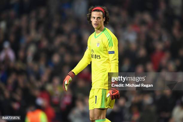 Mile Svilar of Benfica looks dejected following his own goal during the UEFA Champions League group A match between Manchester United and SL Benfica...