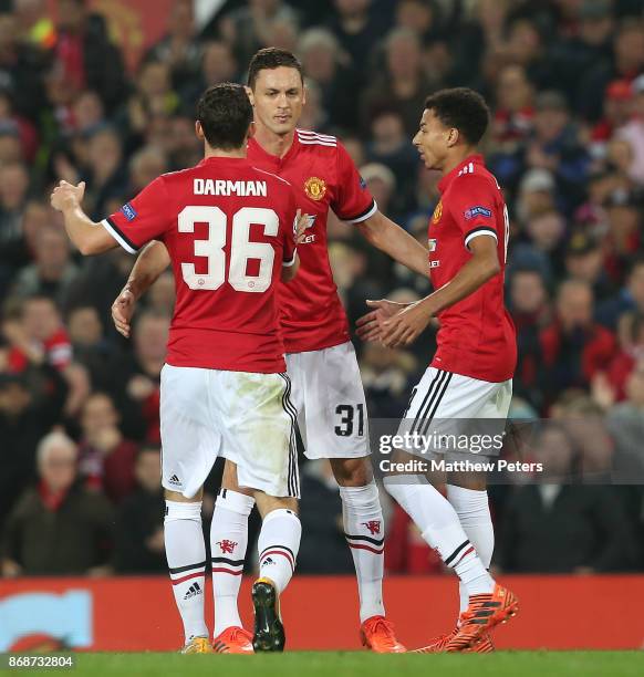 Nemanja Matic of Manchester United celebrates his part in Mile Svilar of Benfica scoring an own goal during the UEFA Champions League group A match...