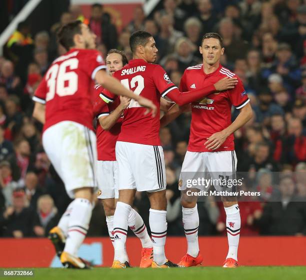 Nemanja Matic of Manchester United celebrates his part in Mile Svilar of Benfica scoring an own goal during the UEFA Champions League group A match...