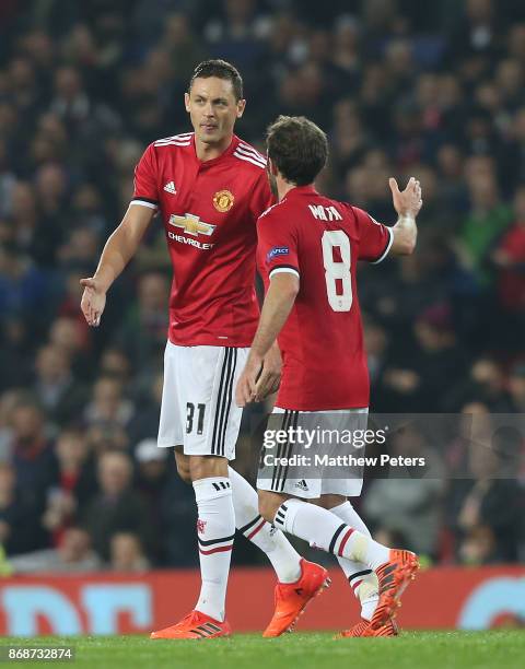 Nemanja Matic of Manchester United celebrates his part in Mile Svilar of Benfica scoring an own goal during the UEFA Champions League group A match...