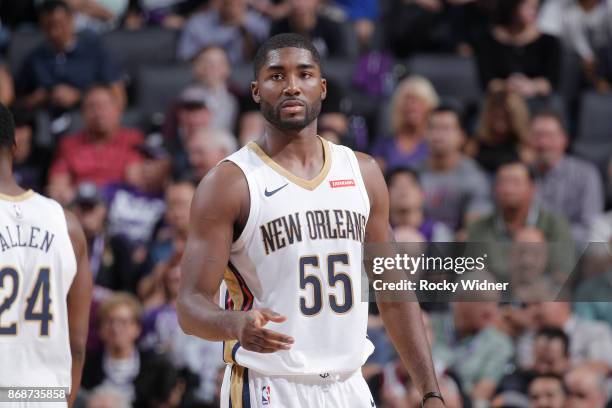 Twaun Moore of the New Orleans Pelicans looks on during the game against the Sacramento Kings on October 26, 2017 at Golden 1 Center in Sacramento,...