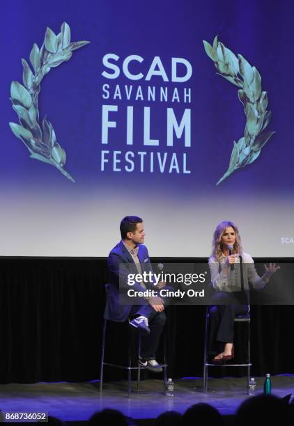 Moderator Dave Karger and actress Kyra Sedgwick onstage at 'Story of a Girl' Q&A during 20th Anniversary SCAD Savannah Film Festival on October 31,...